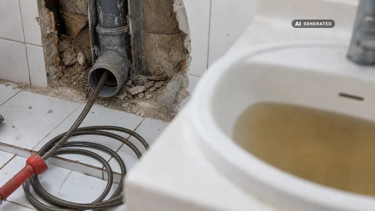 KI-generiertes Bild: Handwerker schiebt eine Rohrreinigungsspirale in ein Abflussrohr an einer aufgestemmten Wand, im Vordergrund ein Waschbecken mit stehendem Wasser