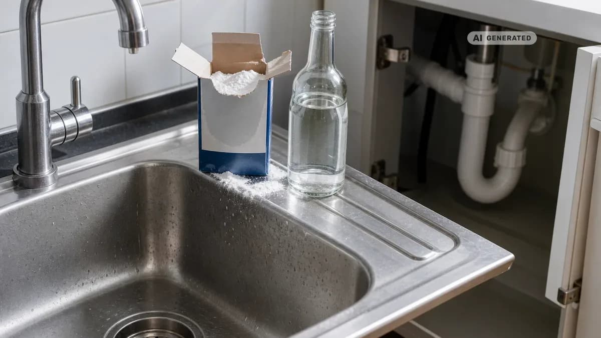 KI-generiertes Bild: Küchenspüle mit Natron und einer Essigflasche daneben, im Hintergrund ein geöffneter Unterschrank mit Siphon