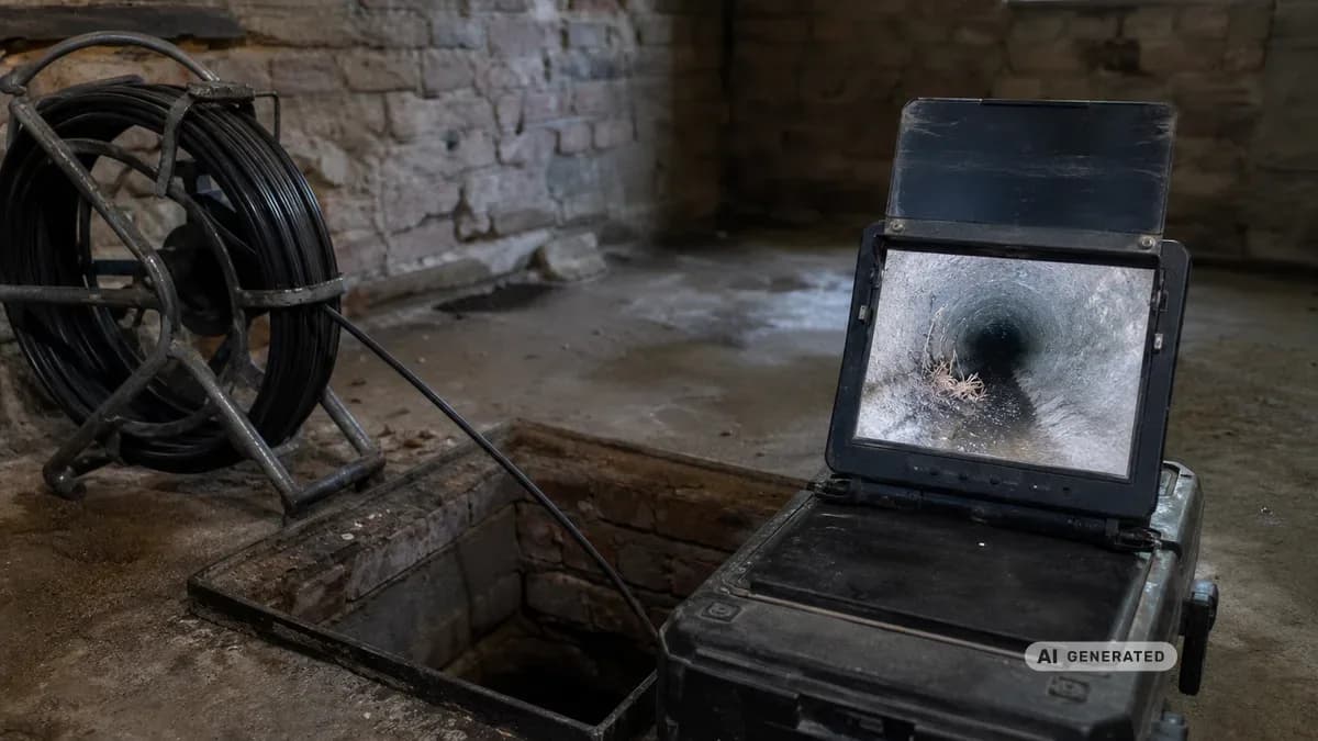 KI-generiertes Bild: Ein Techniker senkt eine Kanalkamera in einen offenen Revisionsschacht im Keller eines Berliner Altbaus, neben ihm zeigt ein Monitor das Live-Bild aus dem Abwasserrohr
