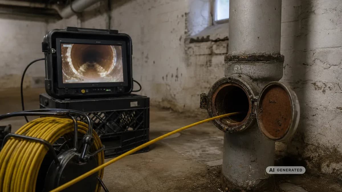 KI-generiertes Bild: Ein Techniker führt eine Kanalkamera in die geöffnete Revisionsöffnung im Keller eines Berliner Altbaus ein, neben ihm zeigt ein Monitor das Innere der Grundleitung
